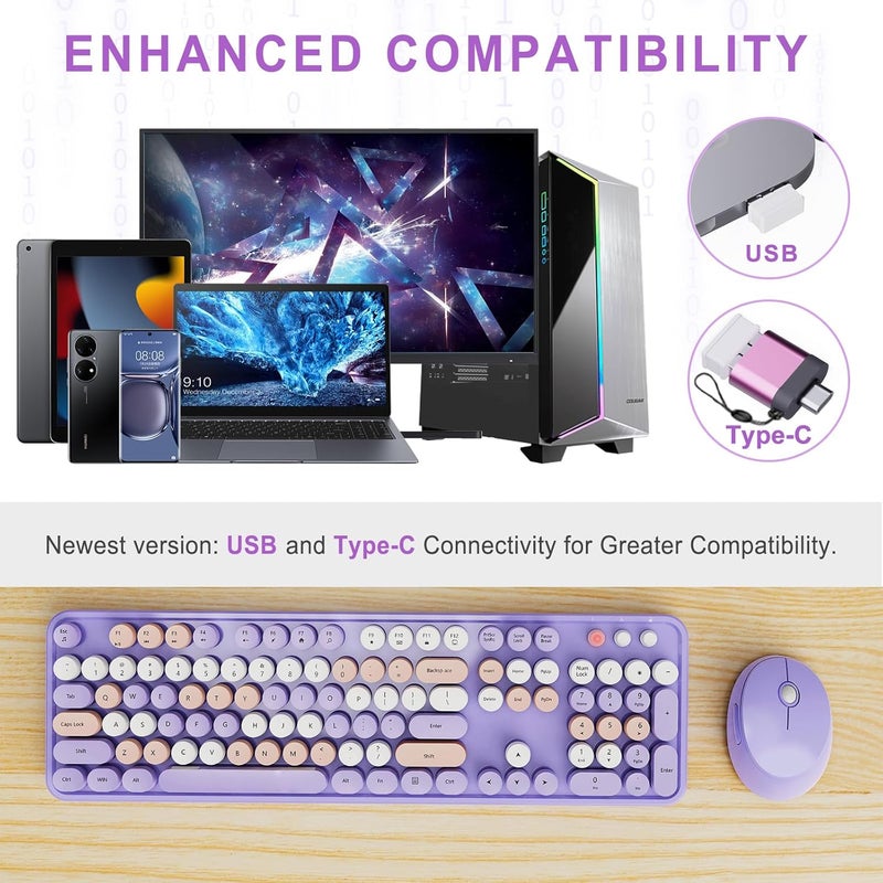 SkyGive Wireless Keyboard and Mouse Combo, Ergonomic Full Size Typewriter Retro Round Keycaps Keyboard, Compatible with Windows, PC, Perfer for Home and Office Keyboards (Purple - Image 2